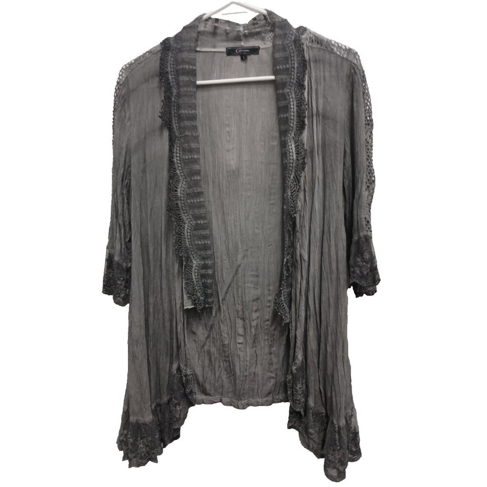 Cativa Womens Lagenlook BOHO Cardigan‎ Large Gray Lace Trim Open 3/4 Sleeve